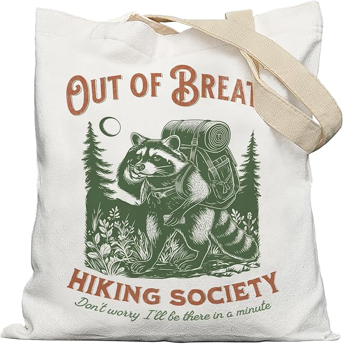 Vintage Funny Raccoon Hiking Tote Bag, Hiking Hiker Gifts for Women Canvas Tote Bags, Gifts for Raccoon Lovers, Trash Panda Hiker Reusable Grocery Shopping Bags