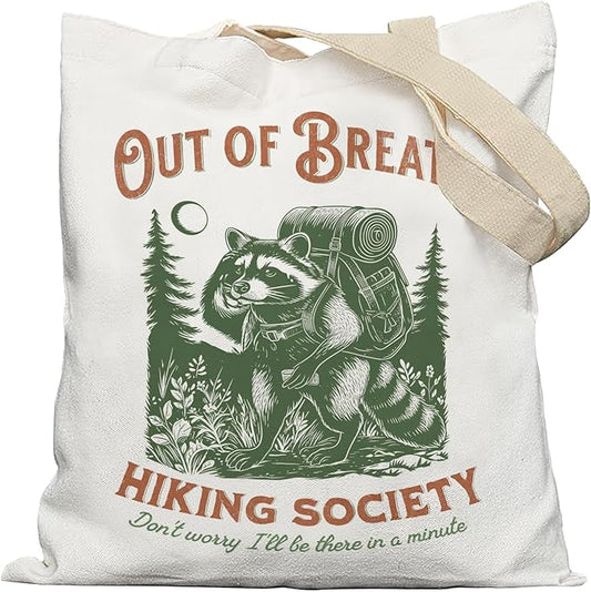 Vintage Funny Raccoon Hiking Tote Bag, Hiking Hiker Gifts for Women Canvas Tote Bags, Gifts for Raccoon Lovers, Trash Panda Hiker Reusable Grocery Shopping Bags