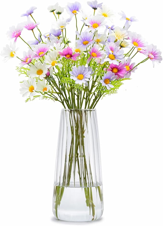 8.3in Clear Glass Vase for Flowers, Ribbed Flower Vase for Table Centerpiece Wedding Home Decor, Modern Glass Vases for Living Room, Bedroom, Dining Table, Office, Birthday Housewarming Gift (Striped)