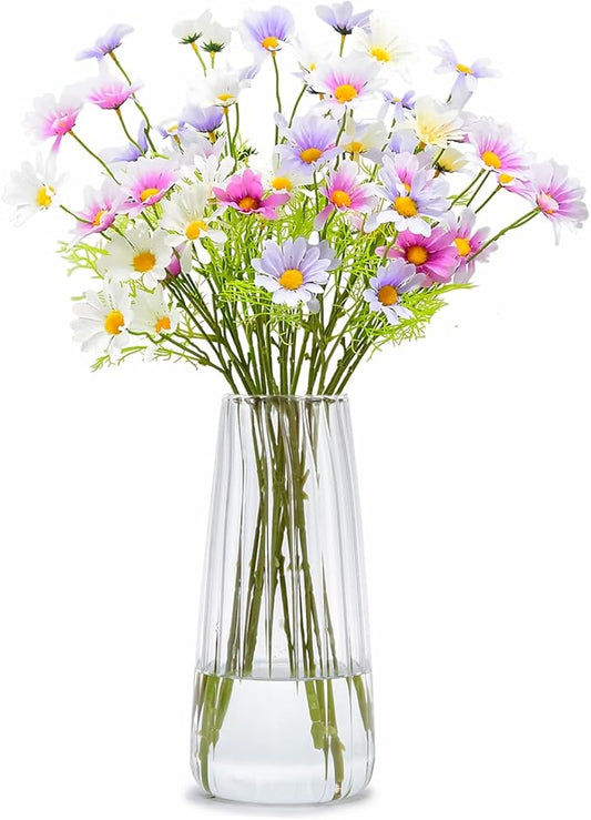 8.3in Clear Glass Vase for Flowers, Ribbed Flower Vase for Table Centerpiece Wedding Home Decor, Modern Glass Vases for Living Room, Bedroom, Dining Table, Office, Birthday Housewarming Gift (Striped)