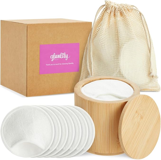 Glamlily Reusable Cotton Pads for Face Makeup Removal with Bamboo Holder and Mesh Storage Bag (White) 16 Pack