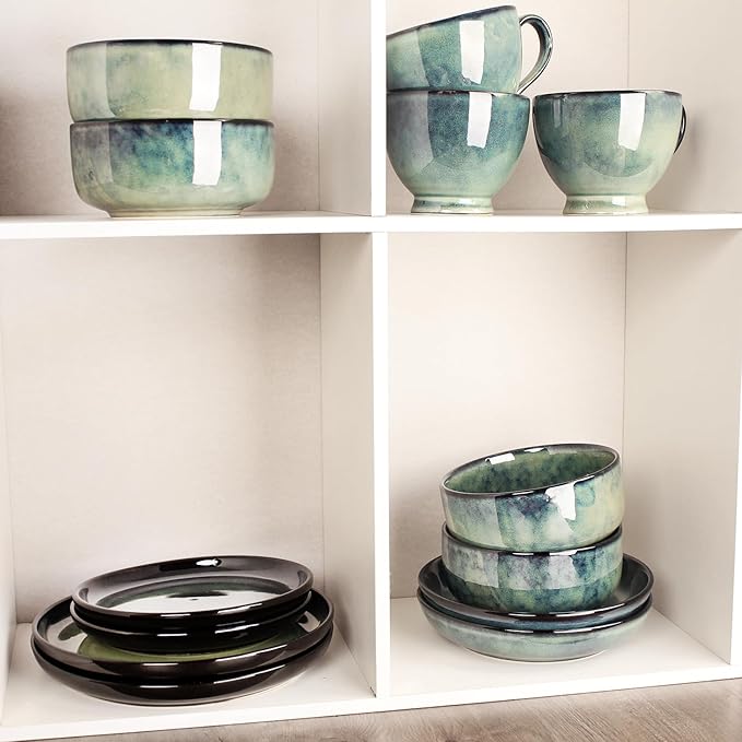 Ceramic Dinnerware (16 pcs) Serve 4 people, Plates and Bowls Sets,Handmade Reactive Glaze Dishes Set,Chip Resistant and Scratch Resistant,Dishwasher, Microwave Safe