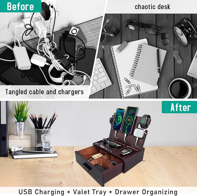 Wood Phone Docking Station with Drawer 4 USB Nightstand Organizer Charging Station with QC 3.0 & PD USB C Fast Charger for iPhone Android Mens Jewelry Box Anniversary Birthday Gifts for Men