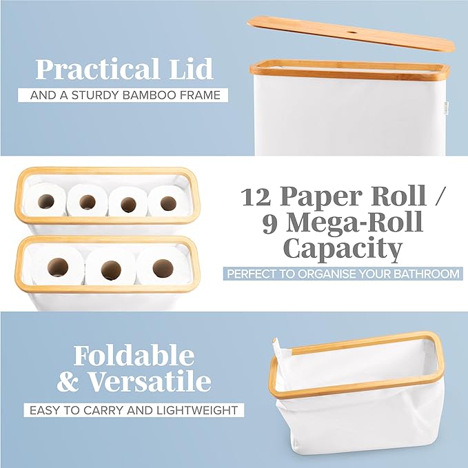 LONBET Toilet Paper Storage for 12 Rolls, Stackable & Foldable - The Ultimate Bathroom Organizer - Waterproof Basket with Bamboo Lid - Elegant Toilet Paper Storage Holder, Light Gray