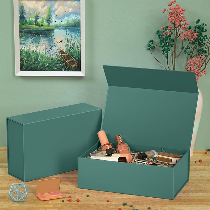 Green Gift Box, 12x6x4'' Gift box for Presents with Lids Magnetic Closure Rectangle Collapsible for Bridesmaid Proposal Box, Wedding, Christmas, Halloween, Birthday Gift Packging