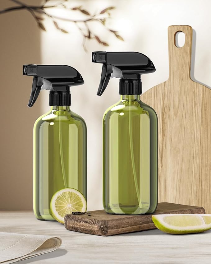 Glass Spray Bottle, Olive Green Glass Spray Bottle Set & Accessories Refillable for Plants Window Cleaners Aromatherapy Facial Hydration Watering Flowers Hair Care (2 Pack/16 oz) (Olive Green