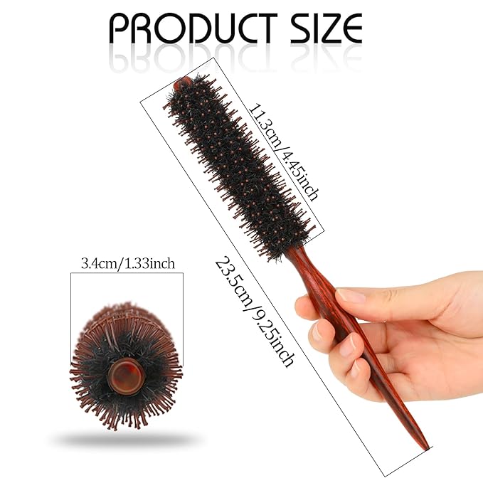 Mozeat Lens Hair Brush, Small Round Boar Bristle Styling Brush with Nylon Pins and Wooden Handle, Volumizing Hair Brush for Straightening Curling Detangling, Travel Size