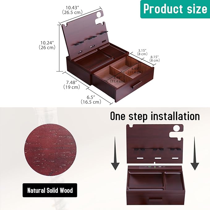 Wood Phone Docking Station with Drawer 4 USB Nightstand Organizer Charging Station with QC 3.0 & PD USB C Fast Charger for iPhone Android Mens Jewelry Box Anniversary Birthday Gifts for Men