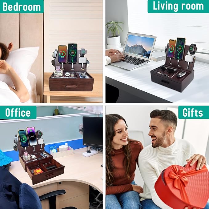 Wood Phone Docking Station with Drawer 4 USB Nightstand Organizer Charging Station with QC 3.0 & PD USB C Fast Charger for iPhone Android Mens Jewelry Box Anniversary Birthday Gifts for Men