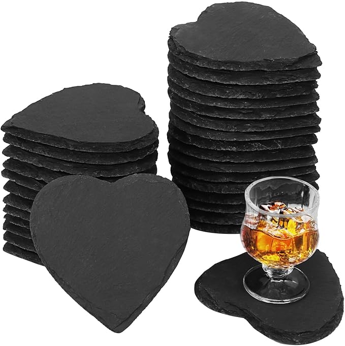 30 Pack 4 Inch Heart Slate Coasters,Black Slate Drinks Coasters, with Anti-Scratch Bottom, Ideal for Home Decor, Bar, Housewarming Gifts, and Laser Engraving KUKLIPJIM