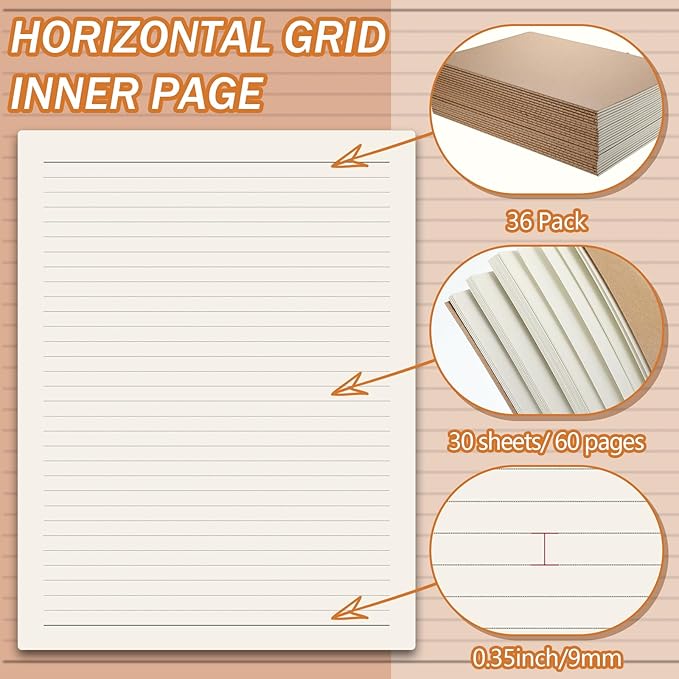 Lincia 36 Pack Large Kraft Notebooks Bulk, 8.5 x 11 Inch College Ruled A4 Subject Diary Journals Notebooks for Office Notes Writing Supplies, 60 Pages