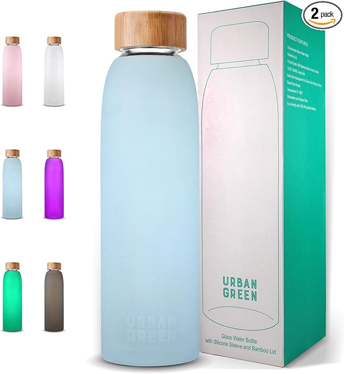 Glass Water Bottle with Protective Silicone Sleeve and Bamboo Lid by Urban green, 18oz, 1extra 304 Stainless Steel Lid with Handle, BPA Free, Dishwasher Safe, Gift Box, Mother's Day Gift