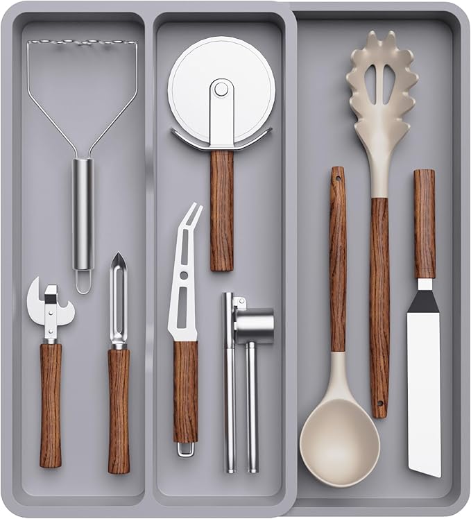 Lifewit Utensil Drawer Organizer, Expandable Cooking Silverware Tray for Kitchen Drawer, Adjustable Cutlery Flatware Holder, Plastic Spatula Tools and Gadgets Storage Divider, 3 Compartments, Gray