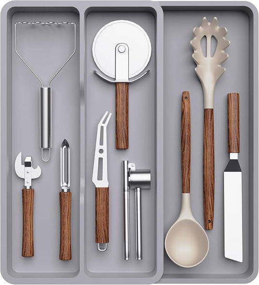 Lifewit Utensil Drawer Organizer, Expandable Cooking Silverware Tray for Kitchen Drawer, Adjustable Cutlery Flatware Holder, Plastic Spatula Tools and Gadgets Storage Divider, 3 Compartments, Gray
