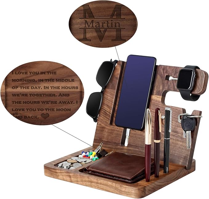 Custom Engraved Desk Organizer - Personalized Gift for Son - Wooden Docking Station, Nightstand Docking Station, Charge Station, Phone Stand, Watch, Glasses, Key, Birthday Graduation Gift (Ebony)