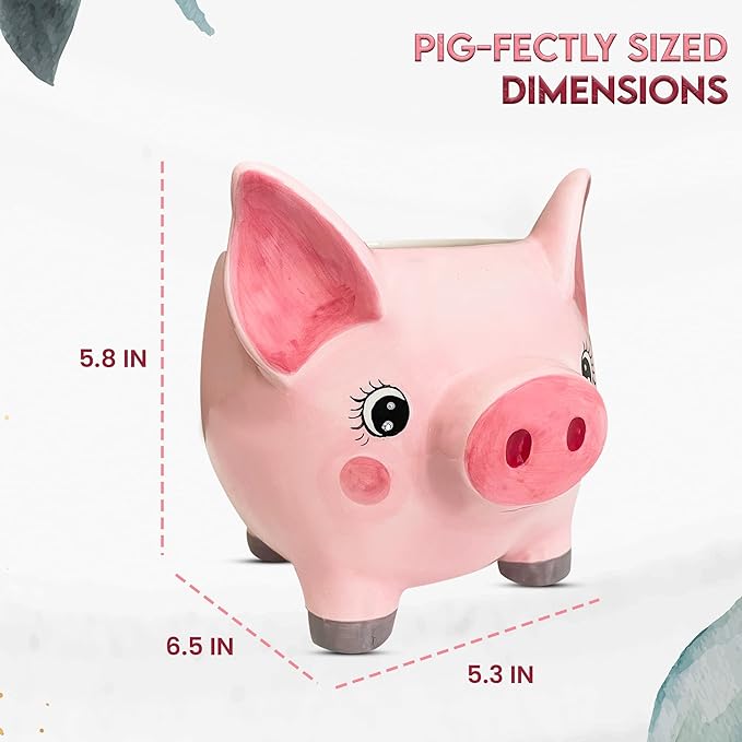 Pig Planter Pot - Boar Utensil Holder Party Accessories - Flower Succulent Plant Pot - Indoor Outdoor Garden Backyard Patio Pig Theme Ceramic