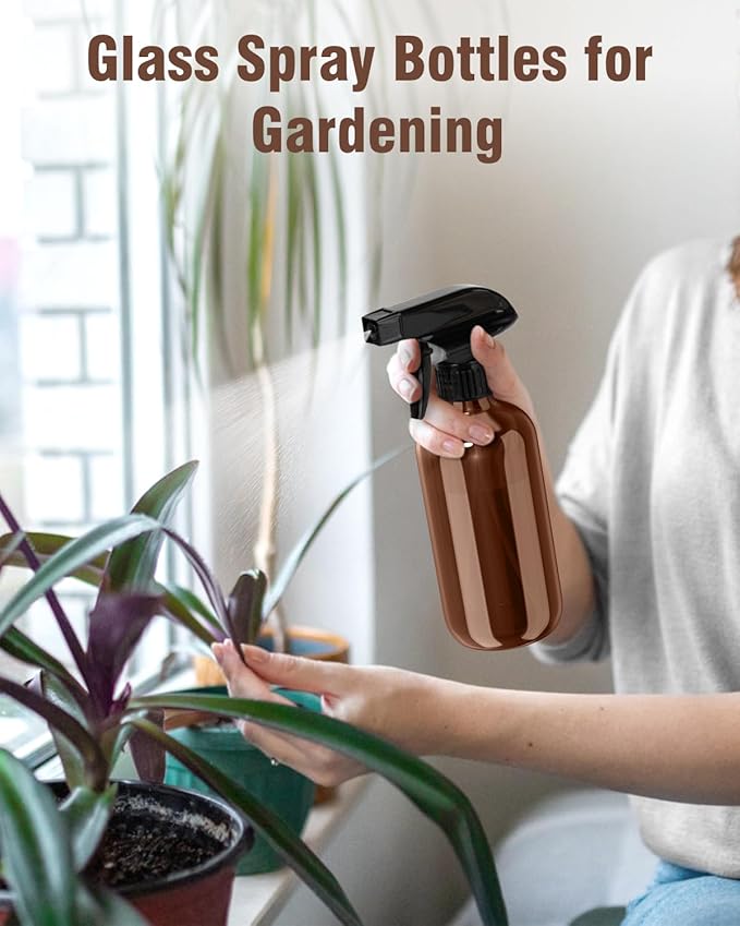 Glass Spray Bottle, Amber Glass Spray Bottle Set & Accessories Refillable for Plants Window Cleaners Aromatherapy Facial Hydration Watering Flowers Hair Care (2 Pack/8 oz) (Amber)