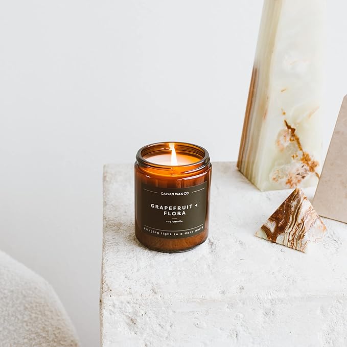 Calyan Wax Co. Grapefruit & Flora Scented Candle - 57 Hour Burn - Luxury Non Toxic Soy Wax Candles - Long Lasting Amber Glass Jar Candle for Home - 7.2oz
