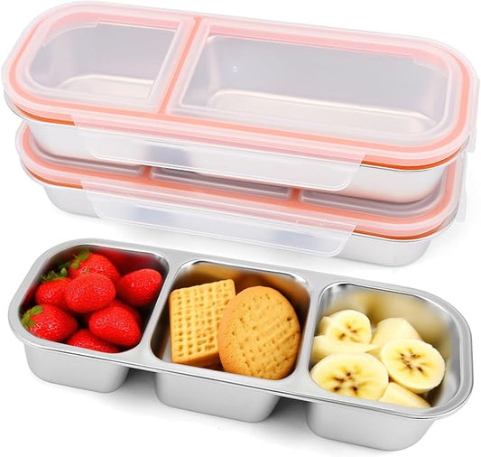 3 Pack Stainless Steel Snack Containers with Lids, 2/3 Compartment Reusable Snackle Box Container, Metal Food Storage Containers Lunch Box Bento Box for Work, Home, Travel