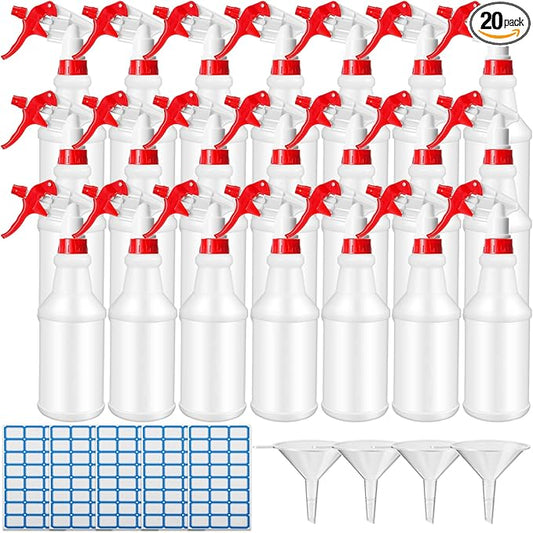 Eccliy 20 Pack 16oz Empty Spray Bottles, Leakproof Cleaning Bottles with Measurement and Adjustable Nozzle for Housekeeping, Commercial Use(White Cylinder Without Measurement,Red White)