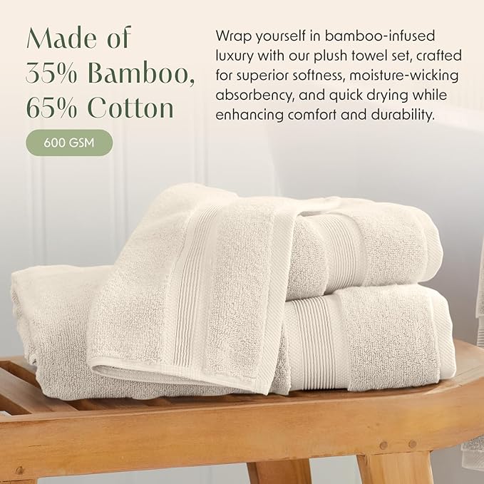 Springtree Home Luxury Viscose from Bamboo Bath Towel Set 6 Piece Set | 35% Viscose from Bamboo - 65% Cotton | Absorbent Quick-Dry Towels for Bathroom | Oeko-TEX Standard 100 Cotton | Sand