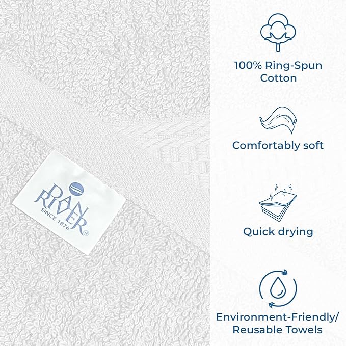 DAN RIVER 100% Ring Spun Cotton 3-Piece Towel Set, White, Bath Towel, Hand Towel and Washcloths, 550 GSM - Soft, Absorbent Quick Dry Cotton Towels for Bathroom, Spa, and Gym