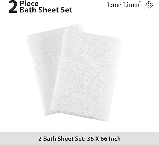 LANE LINEN 100% Cotton 2 Pack Bath Sheets (35"x66") - Ring Spun Cotton - Extra Large Bath Towels Set - Quick Drying, Soft & Absorbent Oversized Bathroom Towel Sets - Hotel Quality - White Towels