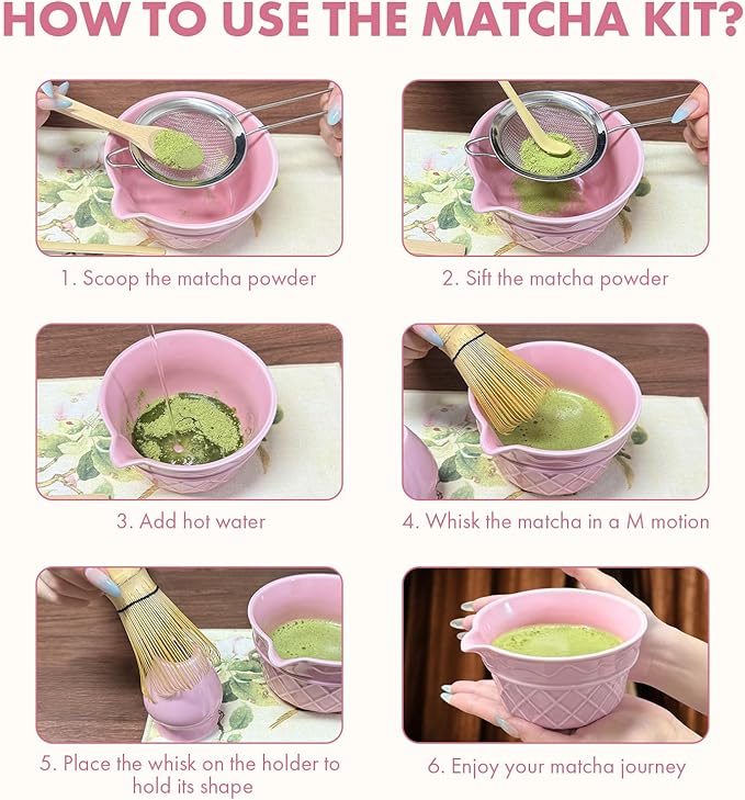 Matcha Whisk Set,9 Pcs Matcha Set with Matcha Bowl,Spout, Bamboo Whisk, Spoon Stand, Scoop, Sifter, Towel, Teaspoon and Glass Measuring Cup for Making Breakfast/Latte, Gift for Matcha Lover, Pink