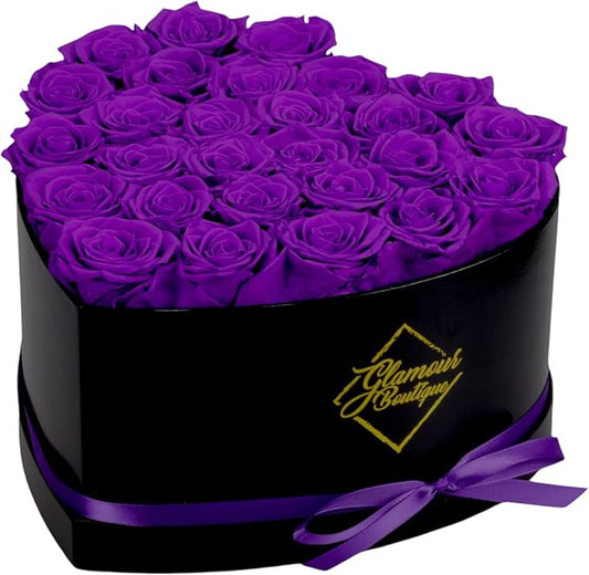 GLAMOUR BOUTIQUE 27 Flower Forever Heart Shape Box - Preserved Roses Gift for Her, Preserved Flowers, Purple