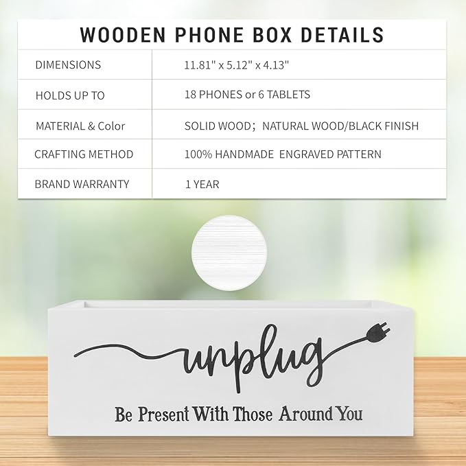 Bamboo Wood Phone Box – Unplug from Phones, Tablets, and Electronics for Study, Meetings, and Family Time, Phone Holder Organizer with Charging Holes, Farmhouse Style, Holds Up to 18 Phones-White