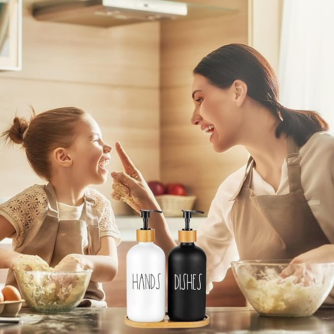 Arktek Glass Soap Dispenser Set with Tray, 2 Pack Hand and Dish Soap Dispenser Set for Bathroom and Kitchen Bottle Dispenser with Dish Soap, Hand Soap, Lotion 17 Oz (Black & White)