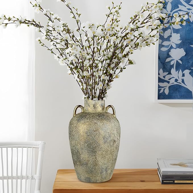 Large Ceramic Vase, 11.2" Tall Rustic Farmhouse Vase, Vintage Flower Vase with 2 Ears, Electroplated Terracotta Boho Vases for Home, Living Room, Shelf, Mantel, Entryway, Wedding, Tabletop Decor