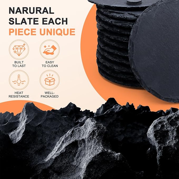 24 PCS Slate Drink Coasters, Cymuber 4 Inch Black Coasters Stone Cup Coaster Bulk Set, Laser Engraving Blanks Handmade Coaster for Halloween, Christmas, Home Decor Drink Bar Kitchen Gifts