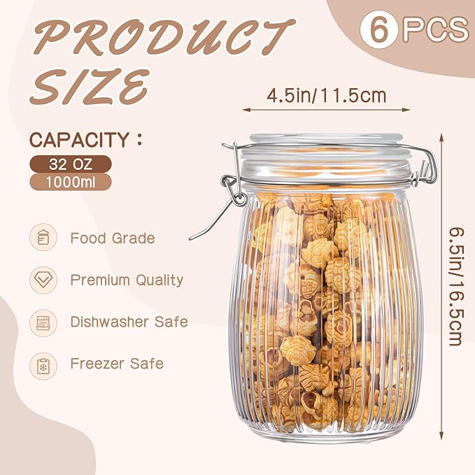 32 oz Wide Mouth Glass Mason Jars with Airtight Lid 6 Pack, Glass Canister, Striped Clip Fastening Jar for Kitchen Storage Canning, Oat, Coffee, Pasta, Snack, Nut, Candy and Pickling Food