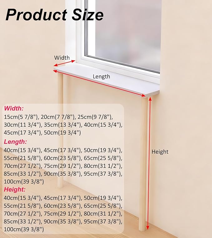 Cuttable Wooden Window Sill Extender Shelf - Space-Saving Plant Stand with Adjustable Legs, Window Ledge Extension Board (60x30x40cm / 24x12x16in)