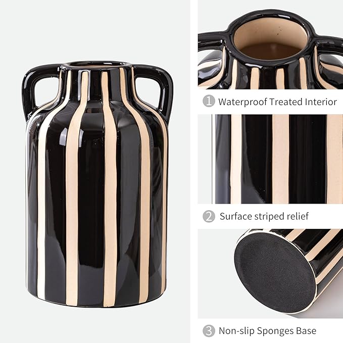 Black and White Vase with Handles, Ceramic Modern Flower Decorative Vases for Home Decor, Mantle, Rustic Table Centerpiece, Large Vases for Decor Living Room, Black Stripes Vase for Bouquet 9.1 in
