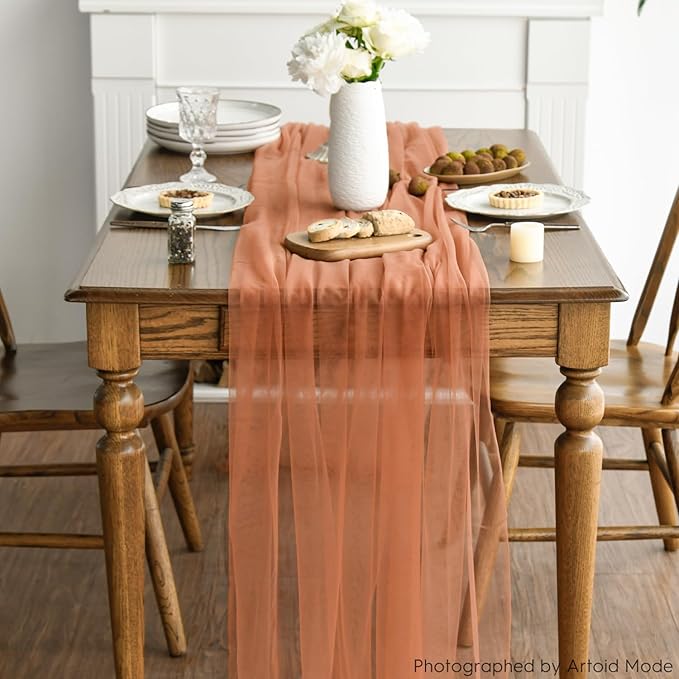 Artoid Mode 6PCS Terracotta Gauze Table Runner 120 Inch 10FT, Seasonal Sheer Kitchen Dining Holiday Wedding Birthday Baby Shower Table Decor for Home Party
