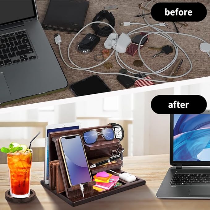 Wood Phone Docking Station - Gifts for Men Desk or Nightstand Organizer - Birthday Gifts for Husband, Fathers Day for Dad - Anniversary Idea from Wife - Key Holder, Stand Wallet, Watch & Essentials