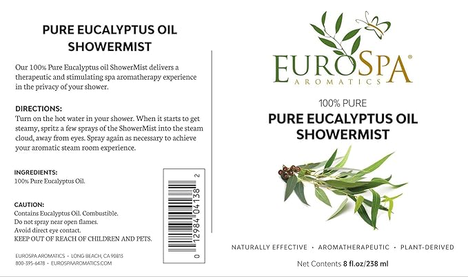 EuroSpa Aromatics Pure Eucalyptus Oil ShowerMist and Steam Room Spray, All-Natural Premium Aromatherapy Essential Oils - Pure Eucalyptus, 8oz, 2 Pack