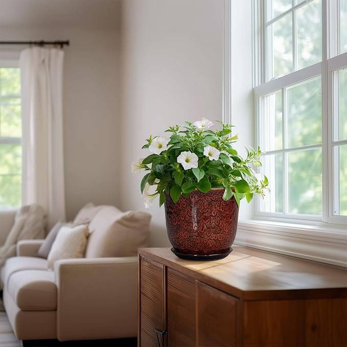 Ceramic Planter - 8 Inch Plant Pot for Indoor Outdoor, Ceramic Flower Pots with Drainage Hole and Saucer, Round Planter, Decorative Plant Pot, Room Home Apartment Decor, Gift for Women, Red