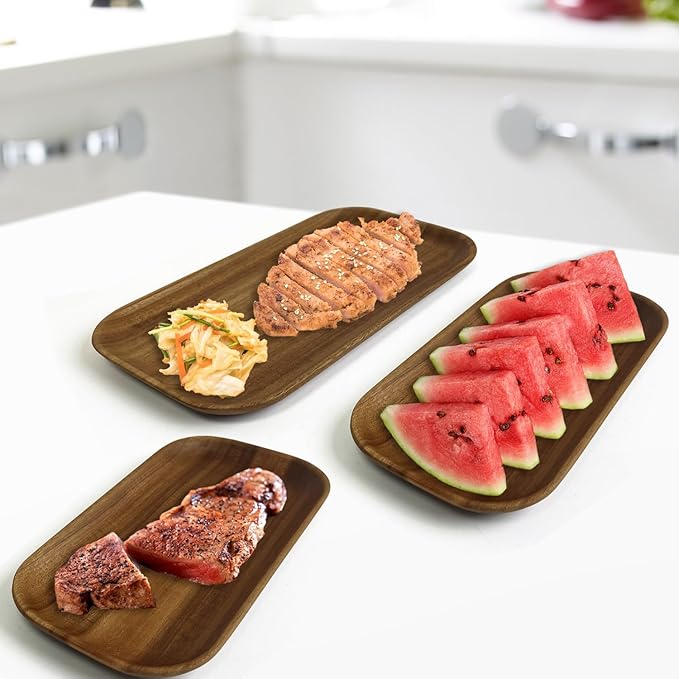 MinBoo Wooden Acacia Plates set of 3, 9-6Inch Wood Acacia Serving Trays, Farmhouse Kitchen Plates, Reusable Wooden Dishware for Dining, Appetizers, Snacks, Parties (rectangle)