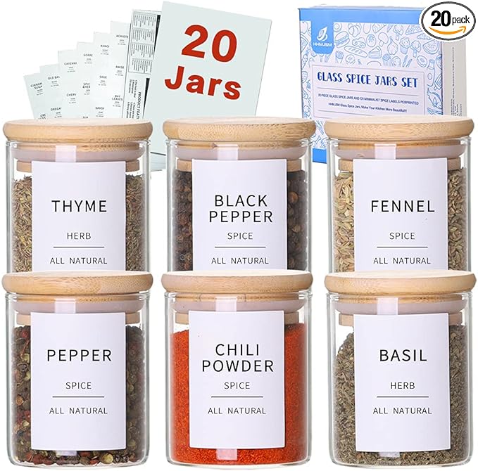 Glass Spice Jars with Bamboo Lids - 20 Pcs Thicken(2.4mm) 4oz Airtight Seasoning Containers with 131 Waterproof Minimalist Spice labels Preprinted - Small herb Jars for Pantry Organization and Storage