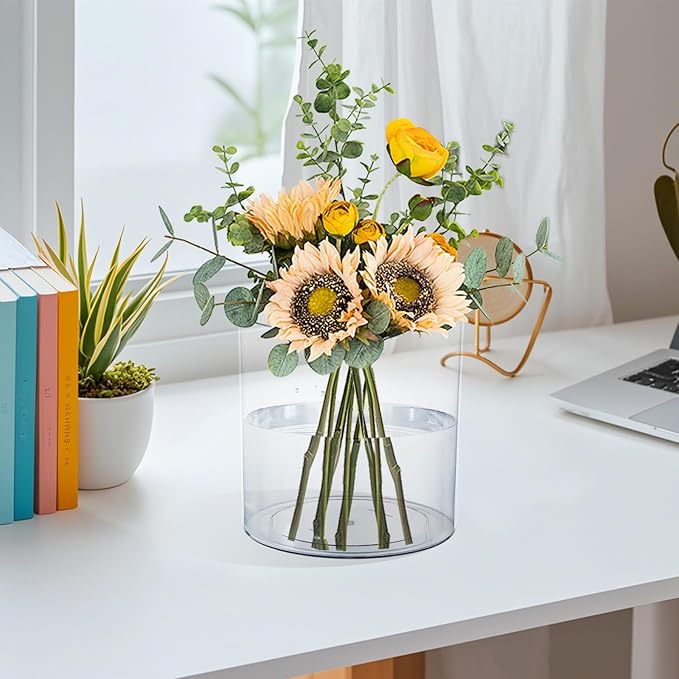 Clear Plastic Vase, Decorative Wide Flower Acrylic Cylinder Vase, Cylinder Vase Floral Container Round Plastic Vases for Home, Wedding Party, Decor, Centerpieces.7.9" x7.9