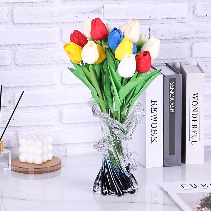 Hand Blown Blue Glass Vase, Unique Art Beautiful Ocean Glass Vase for Home Centerpiece, Coffee Table, Living Room, Office Decor - 8" H