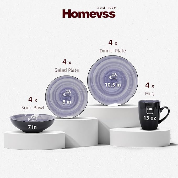 Sonoma Stoneware 16pc Dinnerware Set, Outside Black + Inside Hand Painting Color Cobalt