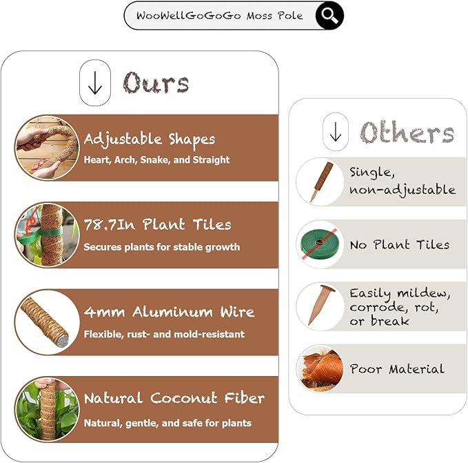 Bendable Moss Pole, 2-Pack 27.5-Inch Coco Coir Moss Poles for Monstera, Pothos, Climbing Plants, Indoor Plant Support, Customizable Shapes Monstera Plant Support