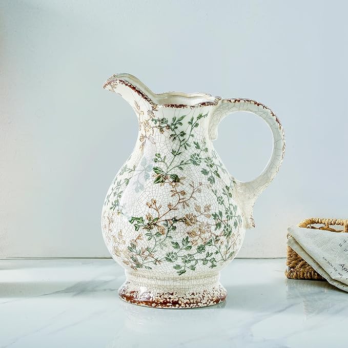 Enra Large Vintage Green Ceramic Vase and Pitcher for Home Decor, 9.7 Inch Rustic Chinoiserie Decorative Vases, Green and Beige Ceramic Vases for Living Room, Kitchen, Office – Large Vases for Decor