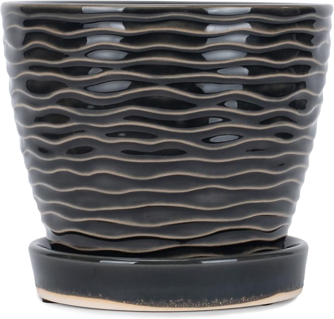 Napco Waves Pattern 4.5 Inch Black and White Ceramic Flower Pot Planter with Saucer