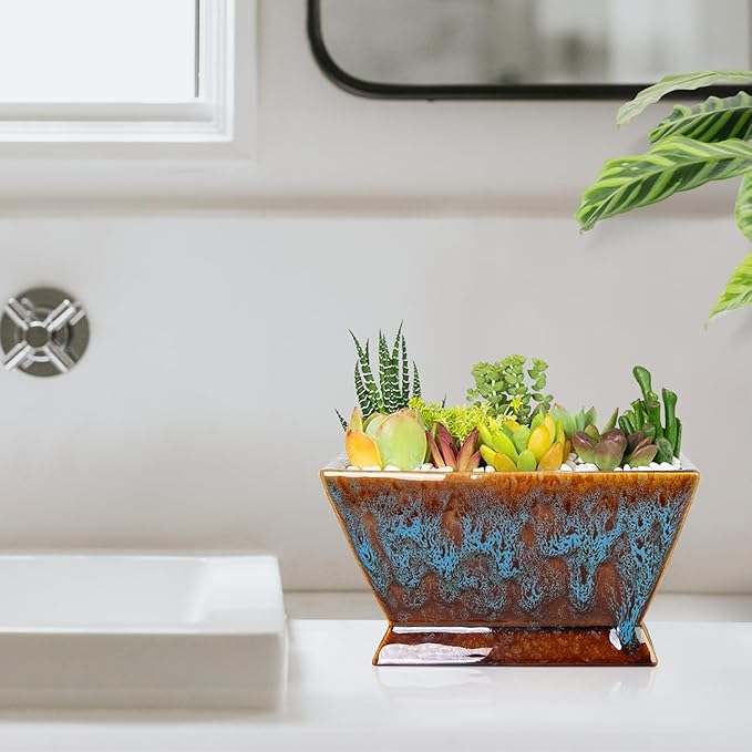 ARTKETTY Succulent Pots - 7 Inch Large Plant Pot with Drainage, Shallow Ceramic Succulent Planters for Indoor Outdoor Plants, Modern Cactus Bonsai Plant Container Decorative Home Office