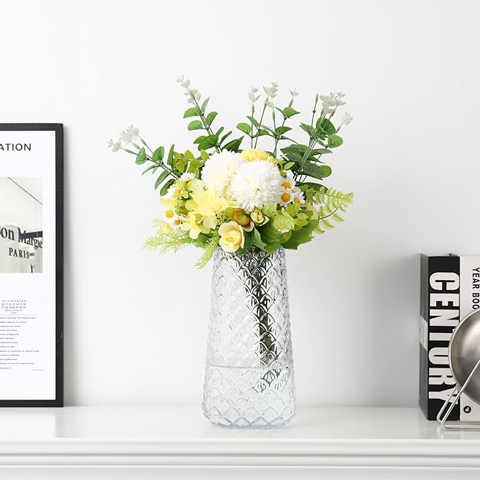 Glass Vase, Clear Flower Vase for Bouquet, Large Glass Vases for Flowers, Modern Vases for Living Room, Bedroom, Dining Table, Office, Kitchen, Wedding, 9 Inches